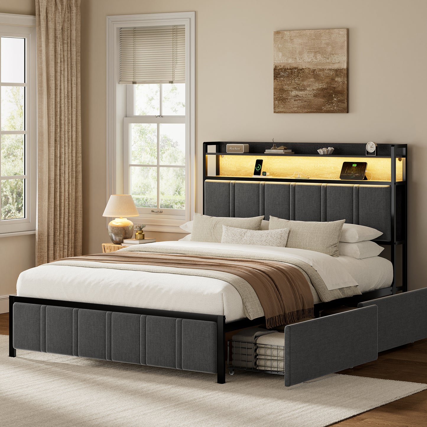 GUNAITO Full Bed Frame with Storage Headboard, 2 Drawers Platform Velvet Upholstered LED Bed Frame with USB Ports & Outlets Gray