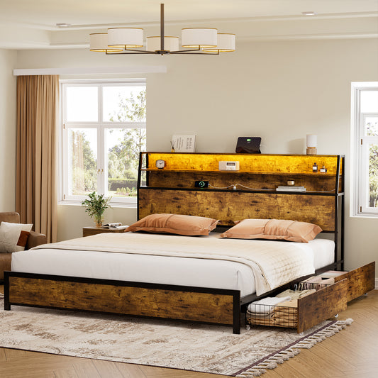 REAHOME King Bed Frame with Storage Headboard, 2 Drawers Platform LED Bed Frame with USB Ports & Outlets Brown