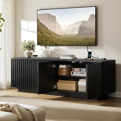 GUNAITO Fluted TV Stand for TVs up to 70", Home Entertainment Center with Storage for Living Room, Black