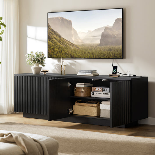 GUNAITO Fluted TV Stand for TVs up to 70", Home Entertainment Center with Storage for Living Room, Black