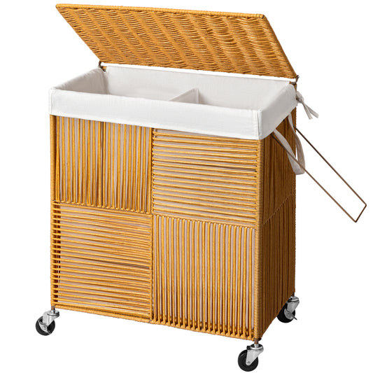 GUNAITO 115L Laundry Hamper with Lid and Wheels Handwoven Rattan Laundry Basket Rolling Clothes Hamper with Divided Liner Bag (Harvest Gold)