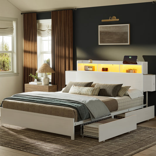 GUNAITO Full Bed Frame with 2 Drawers Headboard Platform Bed Frame with LED Lights Charging Station White