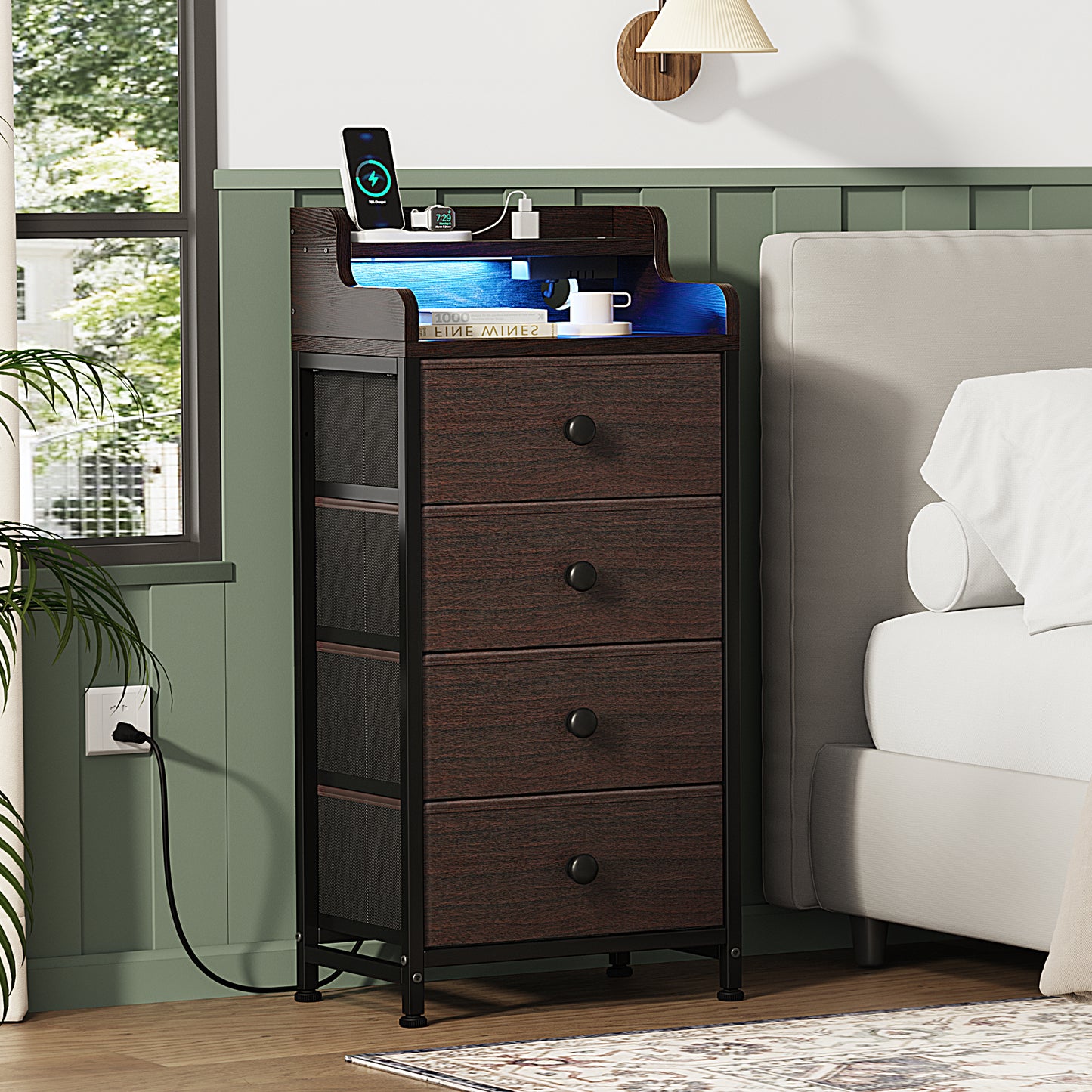 GUNAITO 4 Drawer Dresser for Bedroom with Charging Station and LED Lights, Brown Chest of Drawers with Shelves, Tall Night Stand with Sturdy Steel Frame & Wood Top for Bedroom - Dark Brown