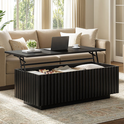 GUNAITO Lift Top Coffee Table with Big Storage, Fluted Rectangle Centre Table for Living Room, Wooden Coffee Table and modern Farmhouse, Black