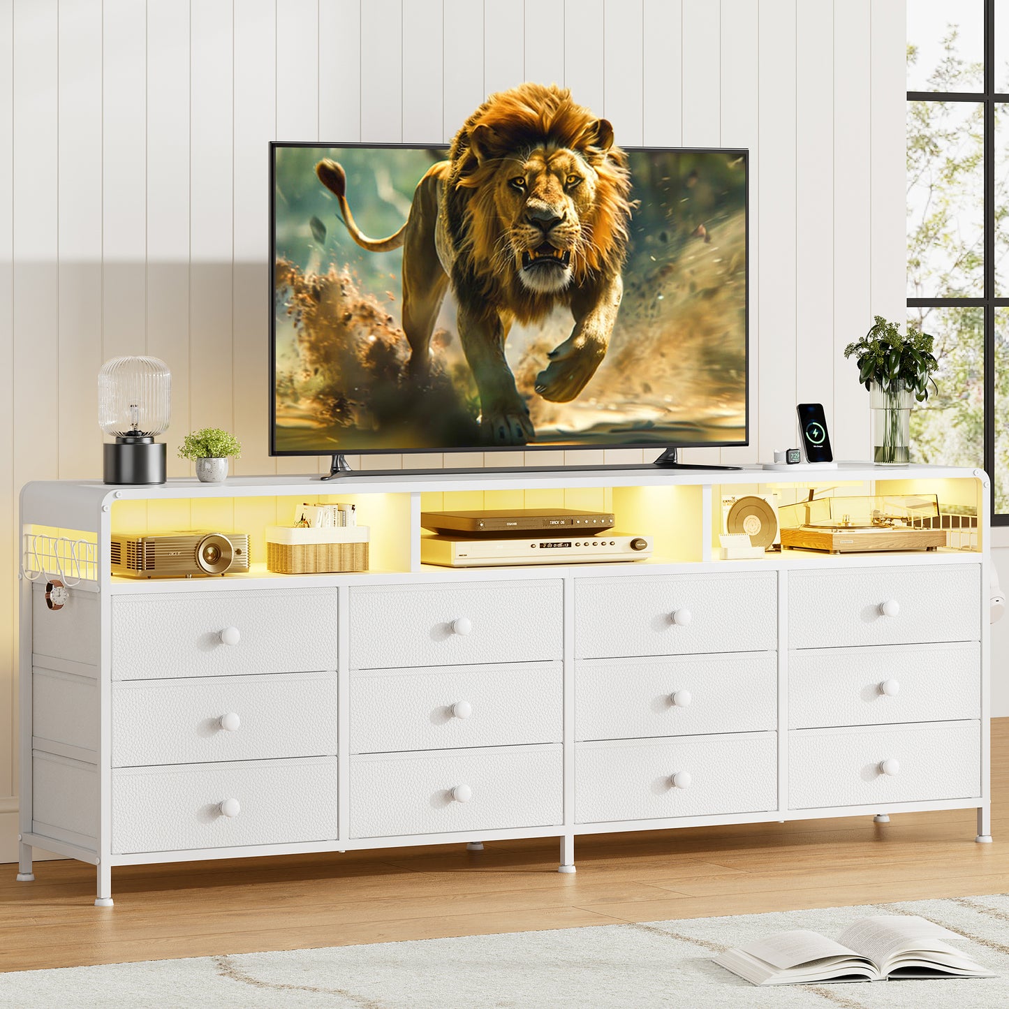 GUNAITO TV Stand for TVs up to 75", Big TV Stand with 12 Fabric Drawers and LED Lights, Entertainment Center with Storage and Shelves for Living Room, White