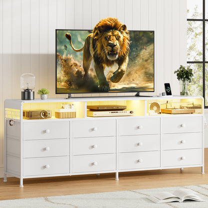 GUNAITO TV Stand for TVs up to 75", Big TV Stand with 12 Fabric Drawers and LED Lights, Entertainment Center with Storage and Shelves for Living Room, White