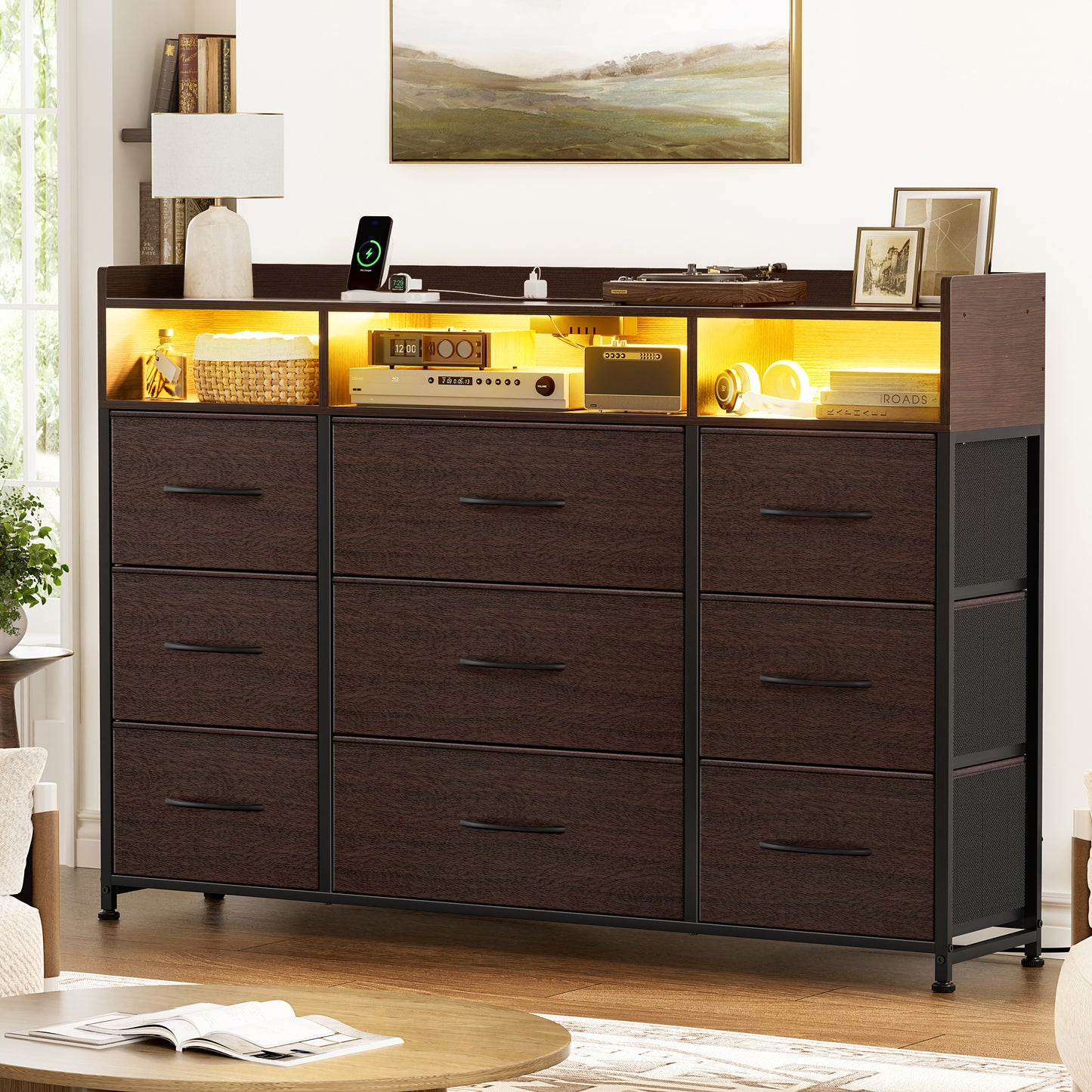 GUNAITO Fabric Storage Dresser with 9 Drawers, Steel Frame and Wooden Top for Bedroom, Closet, Entryway and Nursery, Brown
