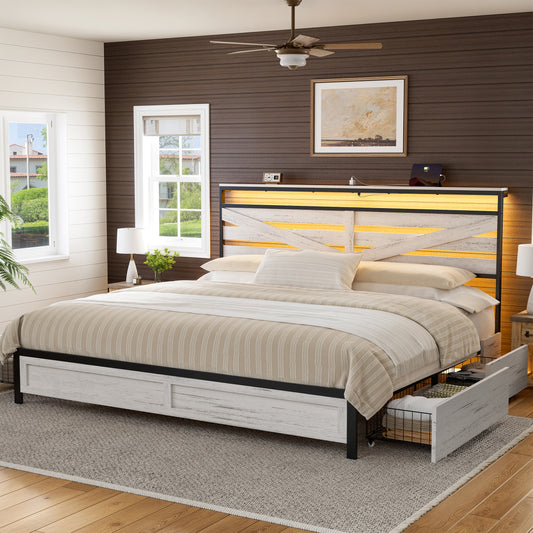 GUNAITO King Bed Frame with Storage Headboard, 4 Drawers Platform LED Bed Frame with USB Ports & Outlets, Light Gray