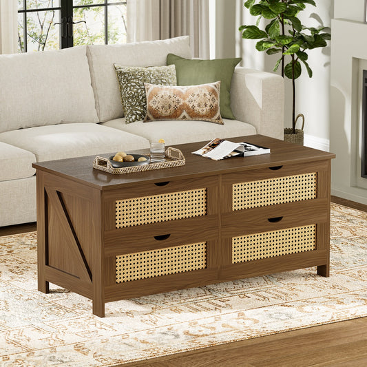 GUNAITO Wooden Coffee Table with 4 Drawers, Weave Rattan Design for Living Room, 42''H in, light brown, Rectangle