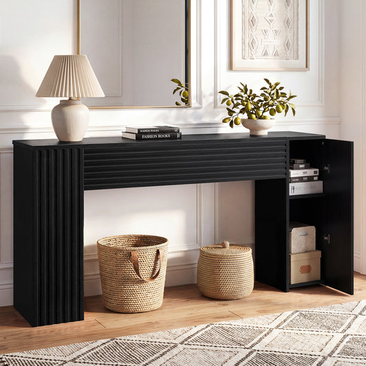 GUNAITO Farmhouse Console Table, 61" Fluted Long Sofa Table Behind Couch with Storage for Entryway, Black