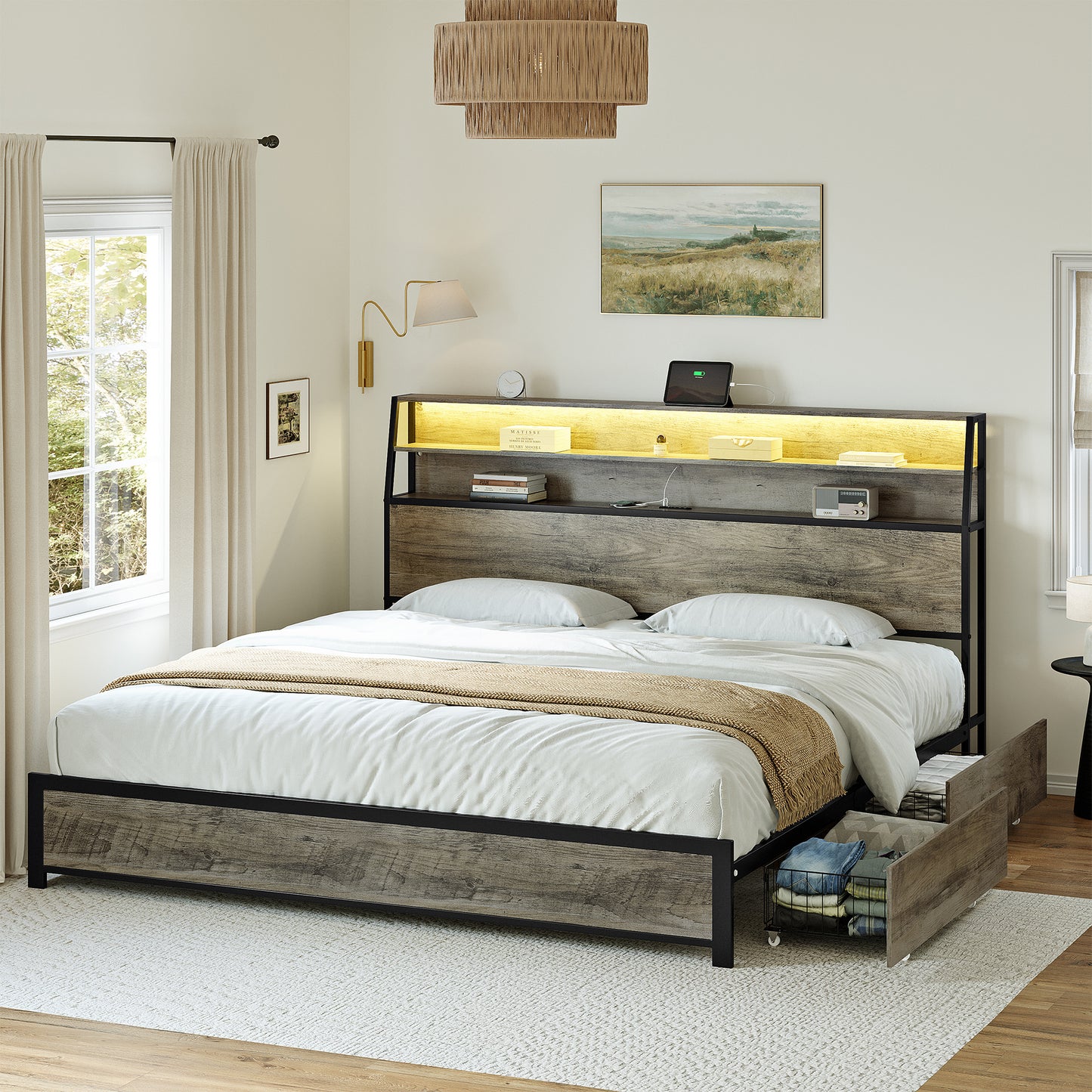 GUNAITO King Bed Frame with Storage Headboard, 2 Drawers Platform LED Bed Frame with USB Ports & Outlets Gray