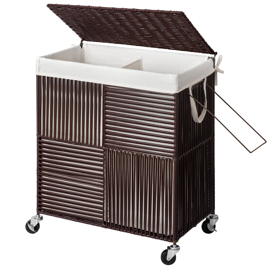 GUNAITO 115L Laundry Hamper with Lid and Wheels Handwoven Rattan Laundry Basket Rolling Clothes Hamper with Divided Liner Bag (Mocha Brown)