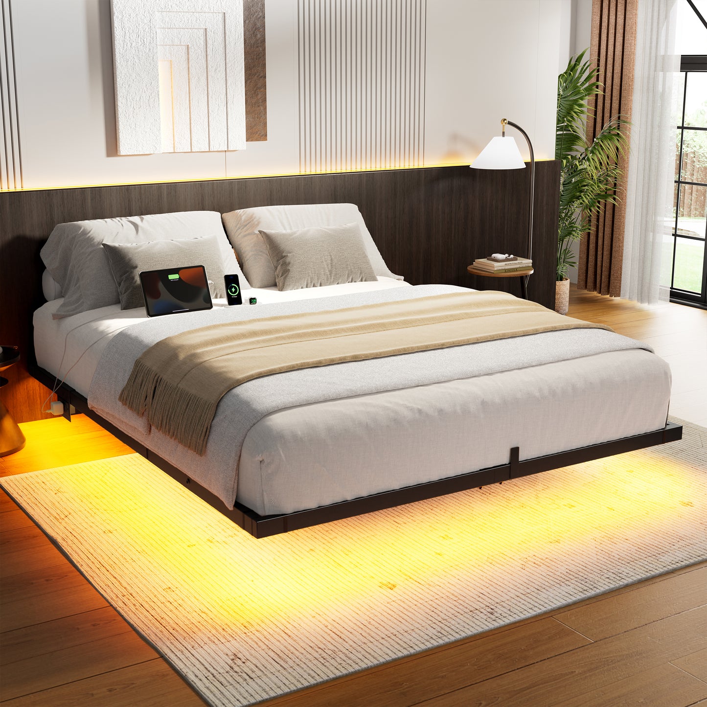 GUNAITO Floating Bed Frame Full Size Metal Platform Bed with LED Lights & Charging Station Modern Bed No Box Spring Required，Black