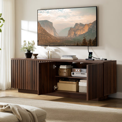 GUNAITO Fluted TV Stand for TVs up to 70", Home Entertainment Center with Storage for Living Room, Walnut