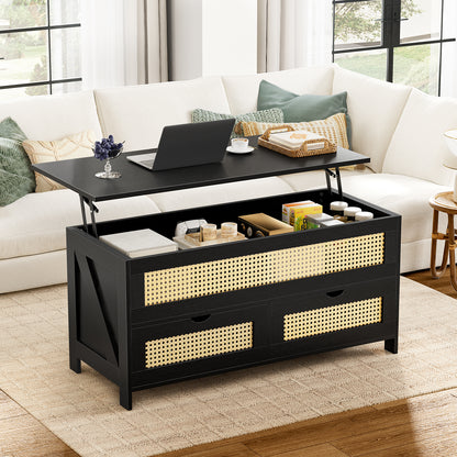 DOVEAID Lift Top Coffee Table with 2 Drawers, Wooden Coffee Table with Storage Cabinet and Hidden Compartments for Living Room, Black, Rattan