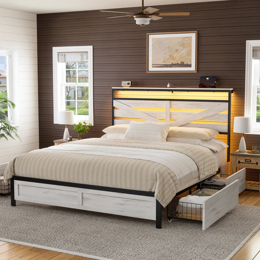 GUNAITO Queen Bed Frame with Storage Headboard, 4 Drawers Platform LED Bed Frame with USB Ports & Outlets, Light Gray