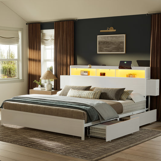 GUNAITO King Bed Frame with 2 Drawers Headboard Platform Bed Frame with LED Lights Charging Station White