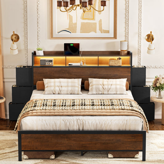 GUNAITO Queen Bed Frame with 6 Drawers Storage Headboard Platform Bed LED Bed Frame with USB Ports & Outlets Rustic Brown