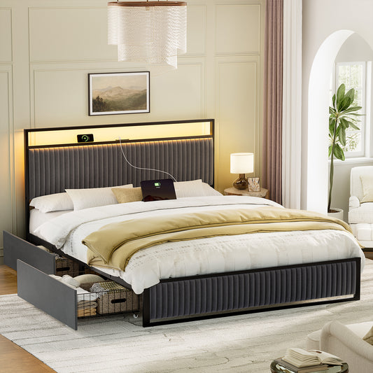 GUNAITO Queen Bed Frame with Storage Headboard, 2 Drawers Platform LED Bed Frame with USB Ports & Outlets Gray