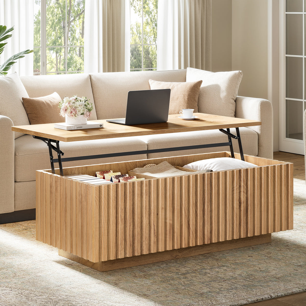 GUNAITO Lift Top Coffee Table with Big Storage, Fluted Rectangle Centre Table for Living Room, Wooden Coffee Table and modern Farmhouse, Natural wood