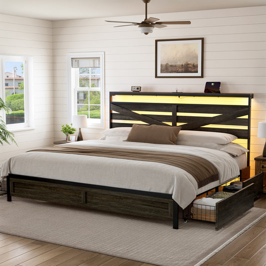 GUNAITO King Bed Frame with Storage Headboard, 4 Drawers Platform LED Bed Frame with USB Ports & Outlets, Dark Gray