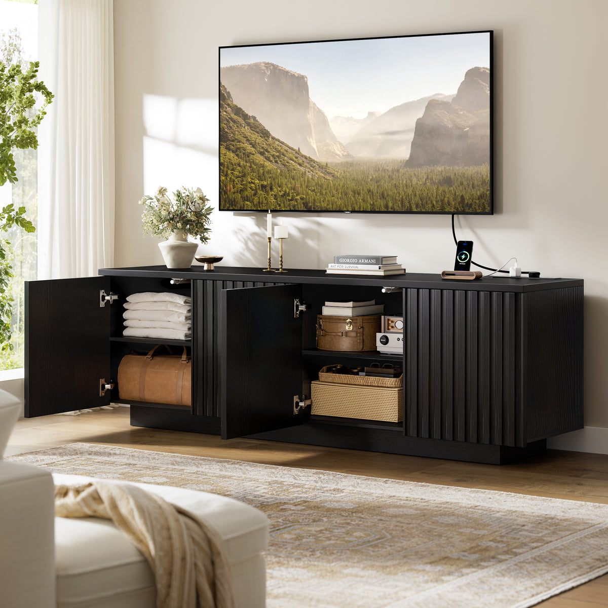 GUNAITO Fluted TV Stand for TVs up to 70", Home Entertainment Center with Storage for Living Room, Black