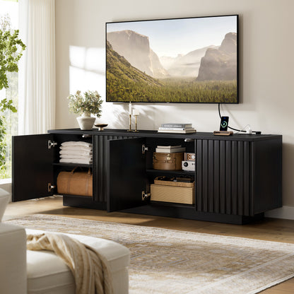 GUNAITO Fluted TV Stand for TVs up to 70", Home Entertainment Center with Storage for Living Room, Black