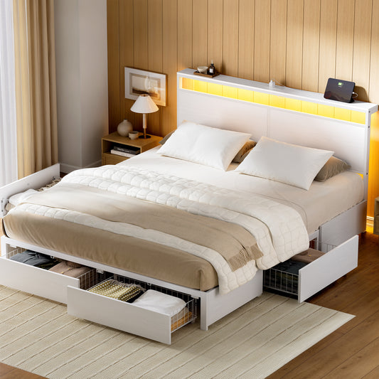 GUNAITO Queen Size Bed Frame with Headboard Storage Bed frame with 4 Drawers LED Platform Bed Frame with Charging Station White