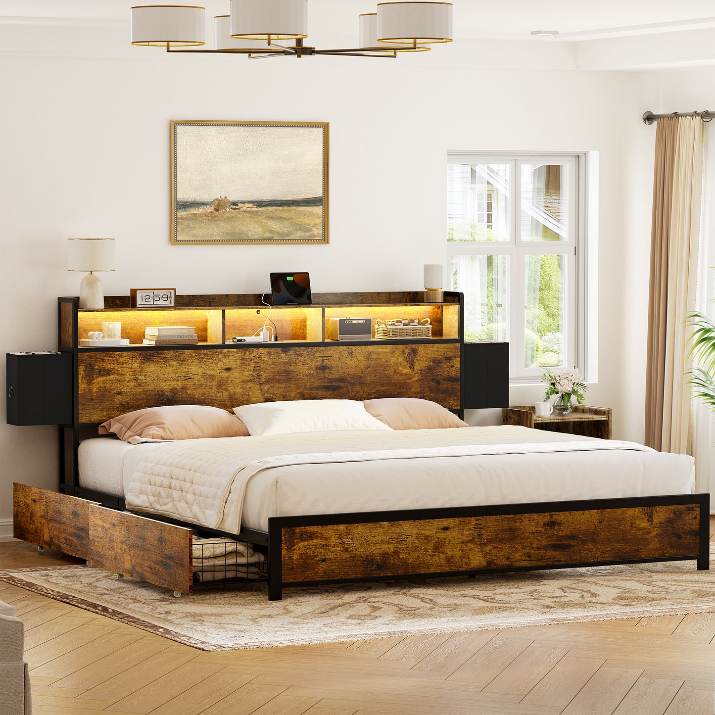 GUNAITO King Bed Frame with Storage Headboard, 2 Drawers Platform LED Bed Frame with USB Ports & Outlets Rustic Brown