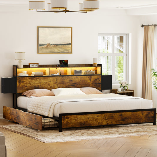 GUNAITO King Bed Frame with Storage Headboard, 2 Drawers Platform LED Bed Frame with USB Ports & Outlets Rustic Brown