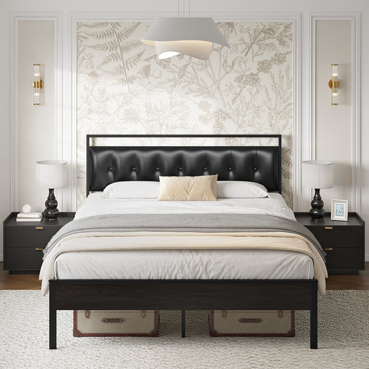 GUNAITO Queen Bed Frame with Storage Headboard Upholstered Platform Bed with LED Lights and Power Charging Station, Black