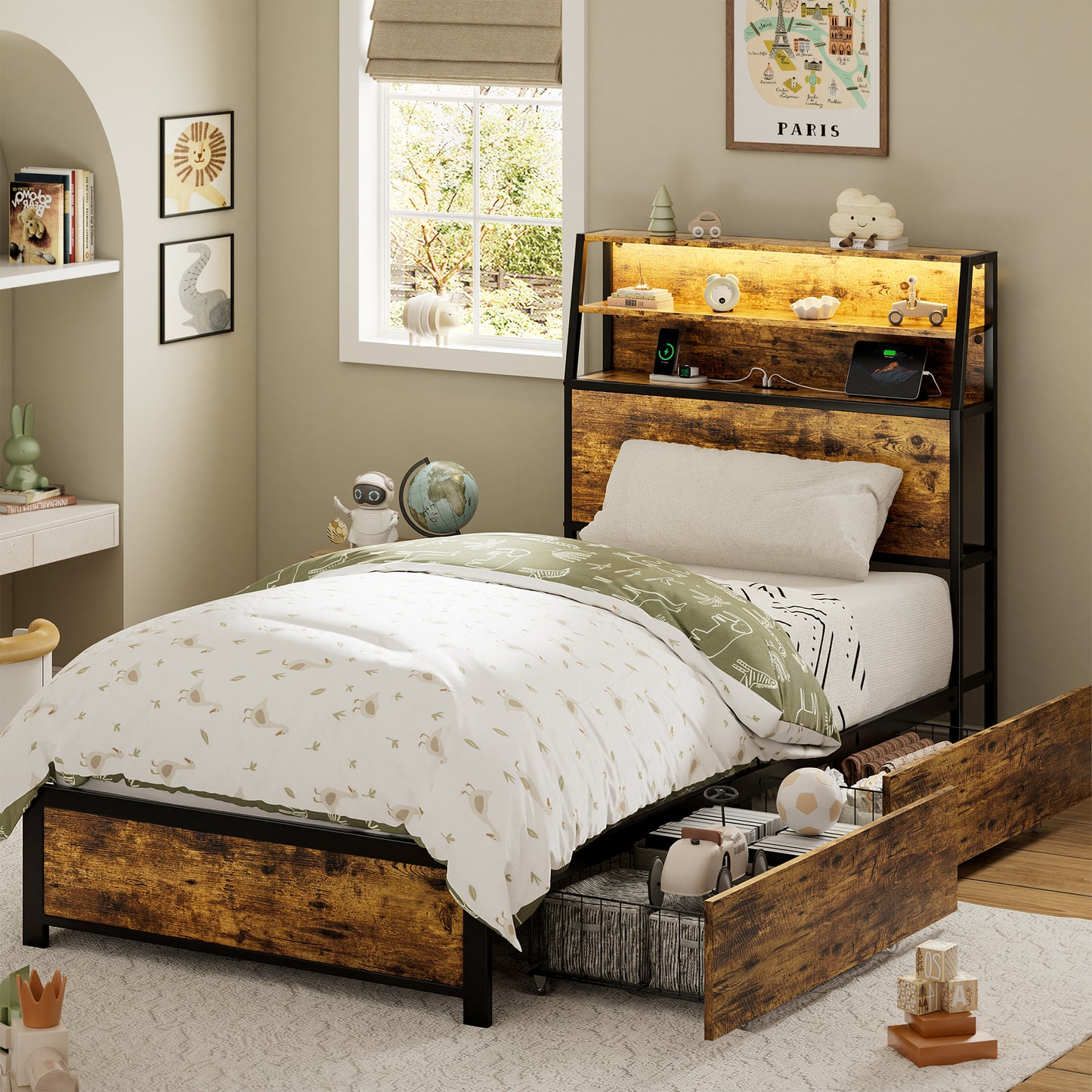REAHOME Twin Bed Frame with 2 Drawers Platform Bed Frame with with LED Lights&Charging Station Rustic Brown