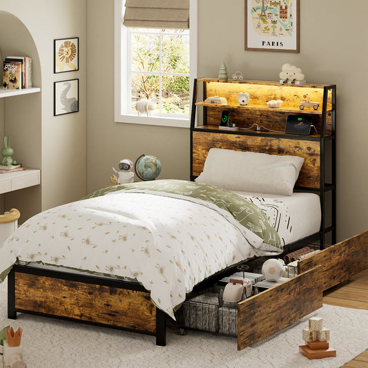 REAHOME Twin Bed Frame with 2 Drawers Platform Bed Frame with with LED Lights&Charging Station Rustic Brown