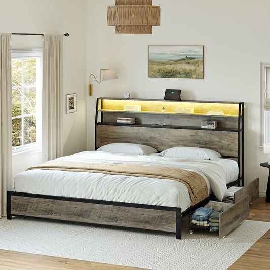 GUNAITO King Bed Frame with Storage Headboard, 2 Drawers Platform LED Bed Frame with USB Ports & Outlets Gray