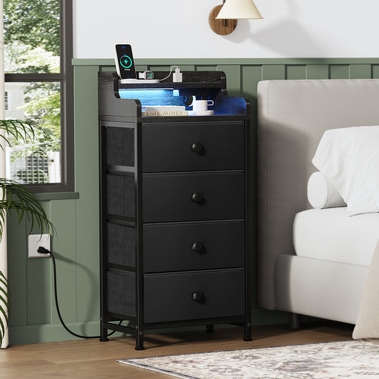 GUNAITO Dresser for Bedroom with Charging Station and LED Lights, 4 Drawers Dresser Black Chest of Drawers with Shelves, Tall Night Stand with Sturdy Steel Frame & Wood Top for Bedroom - Black