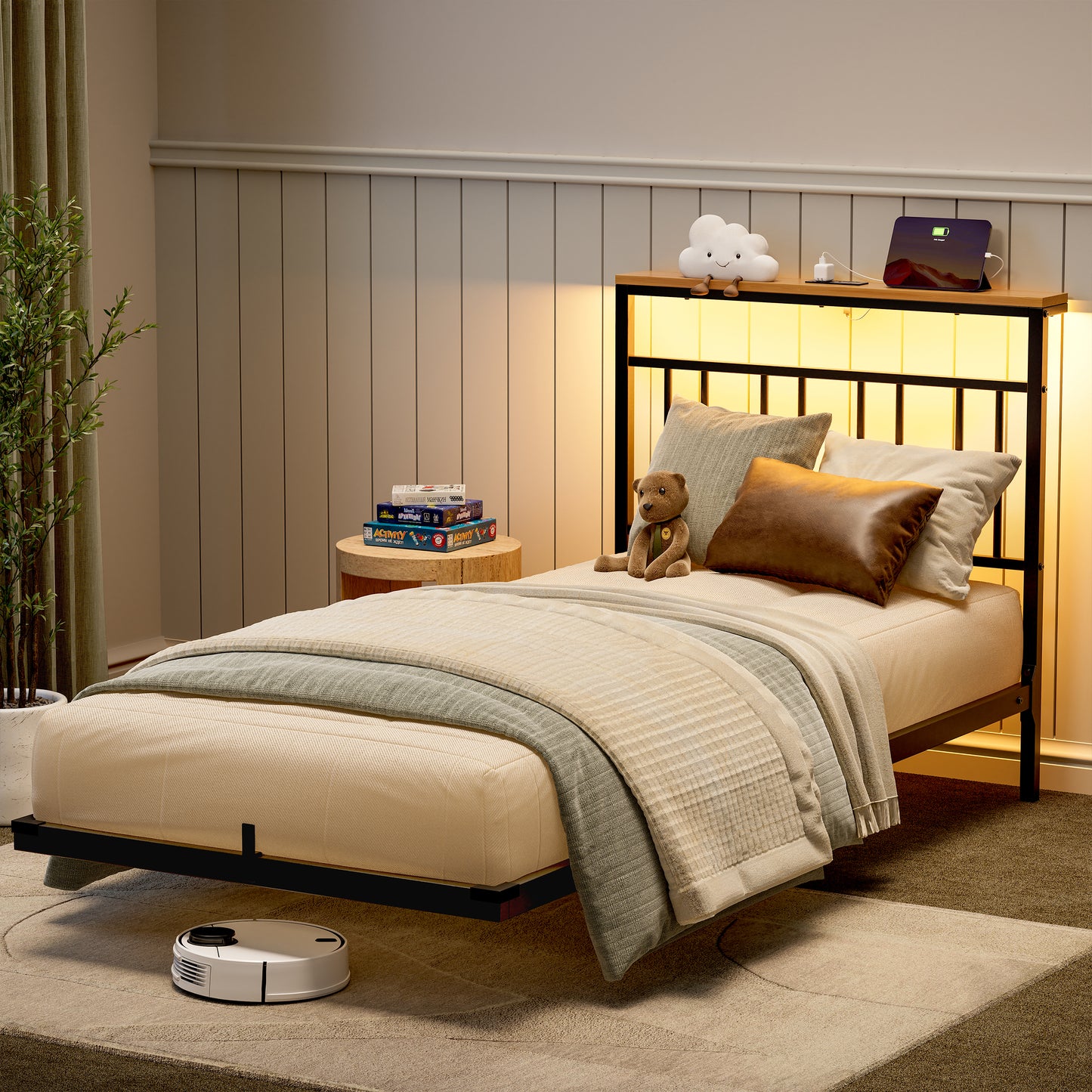 GUNAITO Twin Size Floating Bed Frame Metal Platform Bed with LED Lights & Charging Station Modern Bed with Headboard and Under-bed Storage Black