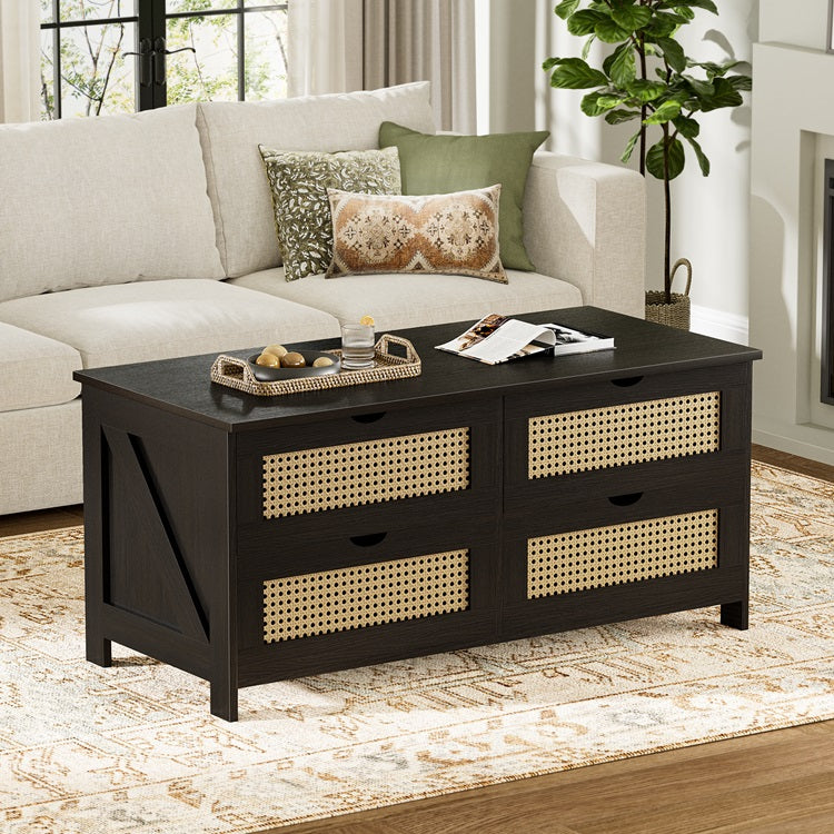 GUNAITO Wooden Coffee Table with 4 Drawers, Weave Rattan Table for Living Room, 42''H in, Dark gray, Rectangle