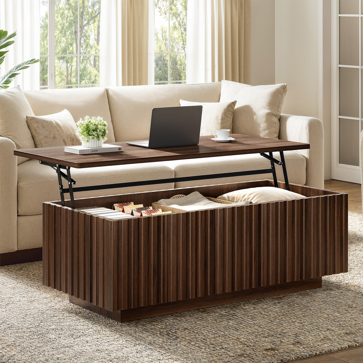 GUNAITO Lift Top Coffee Table with Big Storage, Fluted Rectangle Centre Table for Living Room, Wooden Coffee Table and modern Farmhouse, Walnut