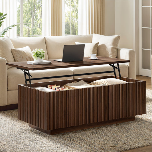 GUNAITO Lift Top Coffee Table with Big Storage, Fluted Rectangle Centre Table for Living Room, Wooden Coffee Table and modern Farmhouse, Walnut