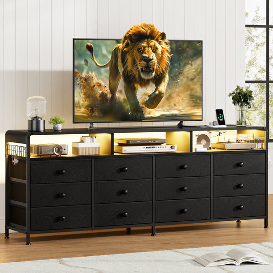 GUNAITO TV Stand for TVs up to 75", Big TV Stand with 12 Fabric Drawers and LED Lights, Entertainment Center with Storage and Shelves for Living Room, Black