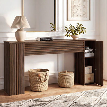GUNAITO Farmhouse Console Table, 61" Fluted Long Sofa Table Behind Couch with Storage for Entryway, Walnut