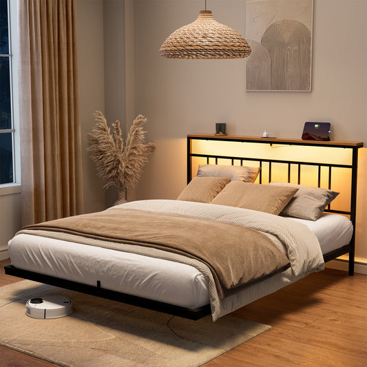 GUNAITO Queen Size Floating Bed Frame Metal Platform Bed with LED Lights & Charging Station Modern Bed with Headboard and Under-bed Storage Black