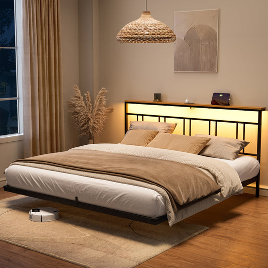 GUNAITO King Size Floating Bed Frame Metal Platform Bed with LED Lights & Charging Station Modern Bed with Headboard and Under-bed Storage Black