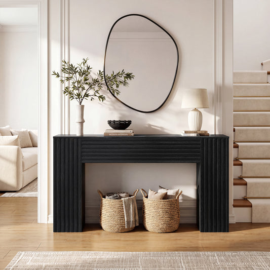 GUNAITO Farmhouse Console Table, 61" Fluted Long Sofa Table Behind Couch with Storage for Entryway, Black