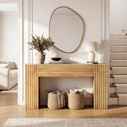 GUNAITO Farmhouse Console Table, 61" Fluted Long Sofa Table Behind Couch with Storage for Entryway, Natural