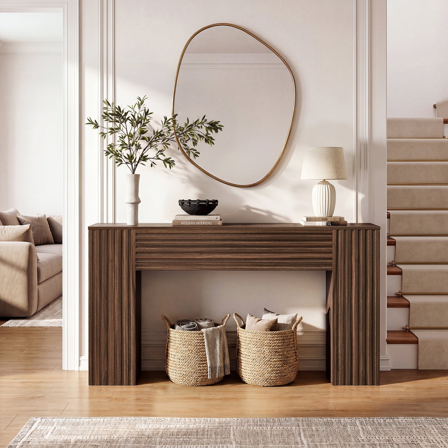 GUNAITO Farmhouse Console Table, 61" Fluted Long Sofa Table Behind Couch with Storage for Entryway, Walnut