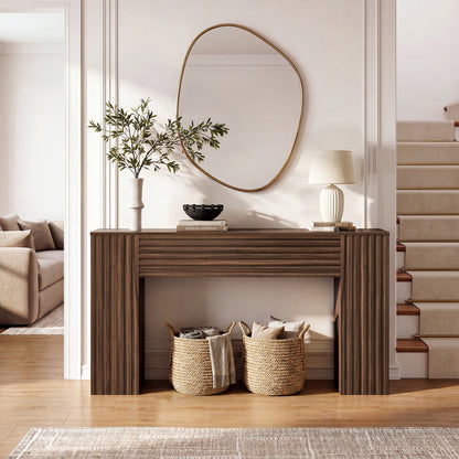 GUNAITO Farmhouse Console Table, 61" Fluted Long Sofa Table Behind Couch with Storage for Entryway, Walnut