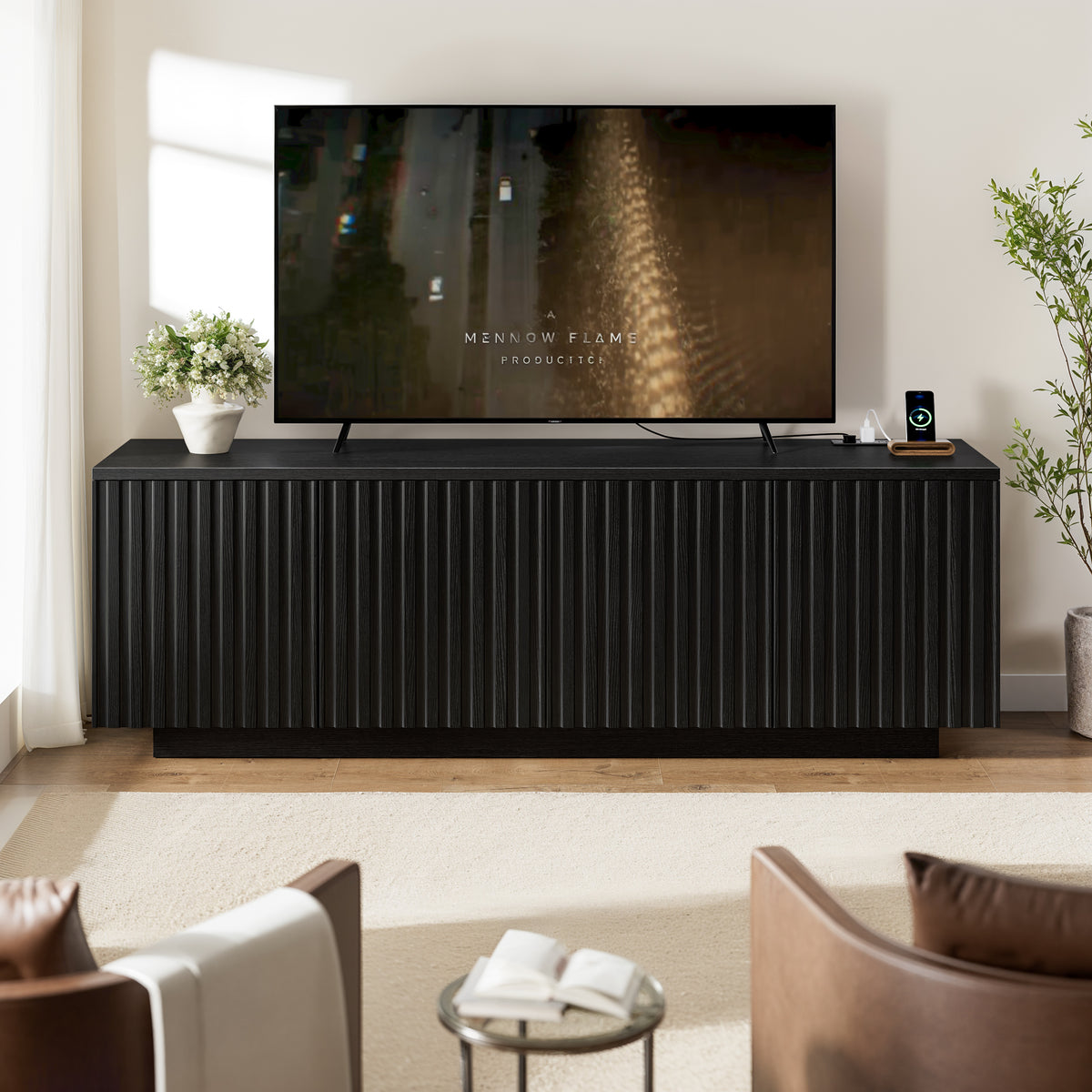 GUNAITO Fluted TV Stand for TVs up to 70", Home Entertainment Center with Storage for Living Room, Black