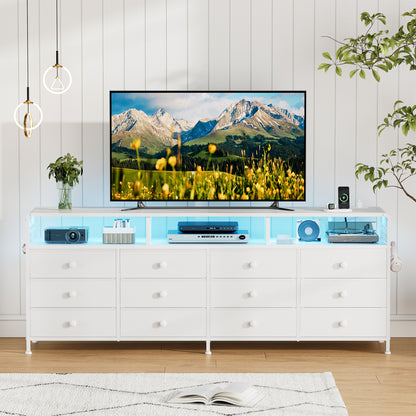 GUNAITO TV Stand for TVs up to 75", Big TV Stand with 12 Fabric Drawers and LED Lights, Entertainment Center with Storage and Shelves for Living Room, White