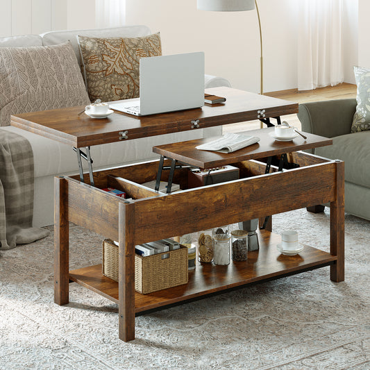 REAHOME 41.73"Lift Top Coffee Table 4 in 1 Multi-Function Convertible Coffee Table with Hidden Storage Framhouse Coffee Table for Living Room Rustic Brown